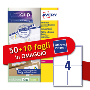 Etichette bianche Avery Ultragrip & Jamfree™ adesivo permanente laser 4 et./foglio - 99,1x139 mm (conf.50+10 fogli OMAGGIO)