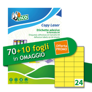Etichette giallo fluorescente permanenti Tico laser/inkjet 24 et./foglio - 70x36 mm - LP4FG-7036P (conf.100+10 fogli OMAGGIO)