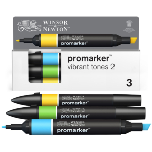 Pennarelli Winsor&Newton Promarker doppia punta fine-scalpello 2,5-0,5mm - tonalità vibranti - giallo, azzurro, blu (conf.3)