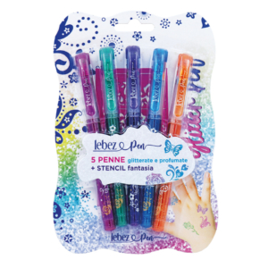 Penne gel glitter con cappuccio e inchiostro profumato + stencil Lebez - colori assortiti - 5320 (conf.8)