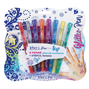 Penne gel glitter con cappuccio e inchiostro profumato + stencil Lebez - colori assortiti - 5340 (conf.6)
