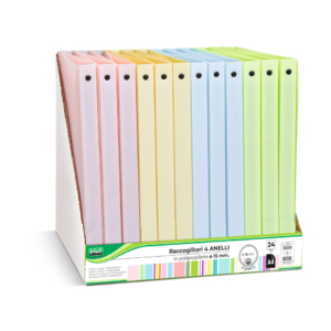Espositore 24 raccoglitori 4 anelli Lebez in PP - A4 Ø 15 mm - colori pastello assortiti - 80981