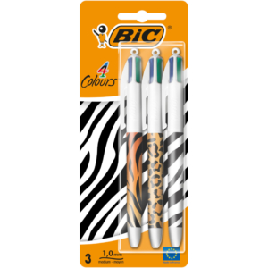 Penne a sfera a scatto BIC 4 Colours 1 mm in blister da 3 pezzi Animalier 9998501