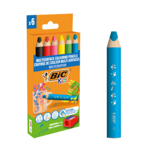 Matite colorate BIC Kids Multisurface con fusto triangolare - colori assortiti + temperamatite - 515220 (conf.6 + temperamatite)