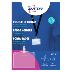 Kit porta badge trasparente 60x90 mm + 10 cordoncini neri con gancio + 16 inserti microperforati stampabili Avery