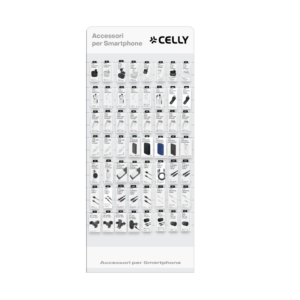 Espositore da parete 165 accessori audio ricarica, cavetteria e supporti auto Celly con ganci - EXPOLEDCELLY205