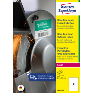 Etichette in polietilene Bianco Avery 210x148 mm - Laser - 2 etichette per foglio - L7916-10 (conf.10 fogli)