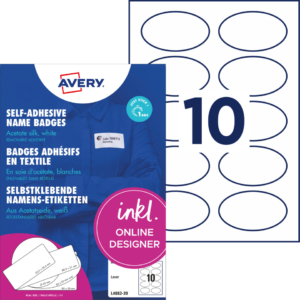 Badge adesivi per tessuti ovali Avery 85x50 mm - Bianco - 10 etichette per foglio - stampanti laser - L4882-20 (conf.20 fogli)