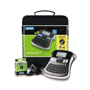 Kit case etichettatrice Dymo Label Manager 210D con alimentatore e 1 nastro D1 12mm x 7m Nero e Argento