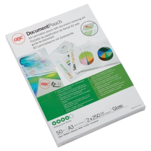 Pouches A3 per plastificatrici a caldo GBC 2x250µm finitura lucida formato biglietti da visita GBC (conf.50)
